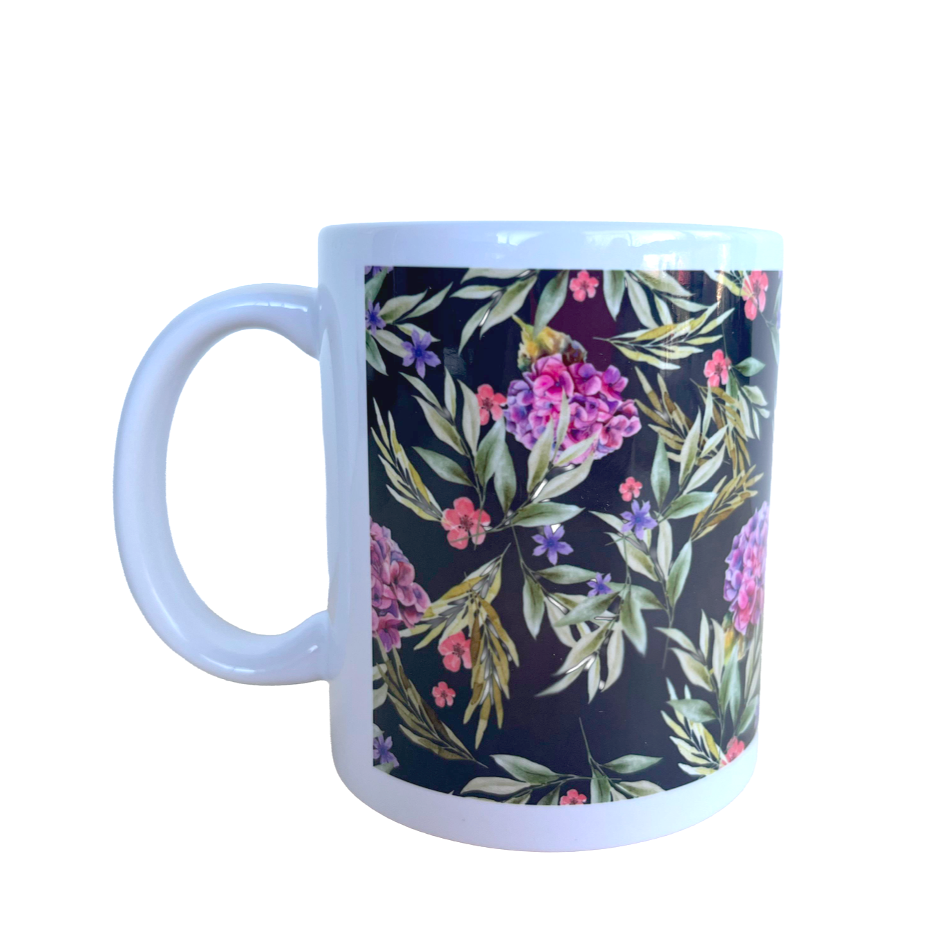 Taza hortensias - Fondo azul marino